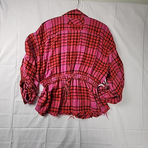 Free People Pacific Dawn Plaid Shirt Womens Size MED Drawstring Waist Snap Front - Picture 10 of 10